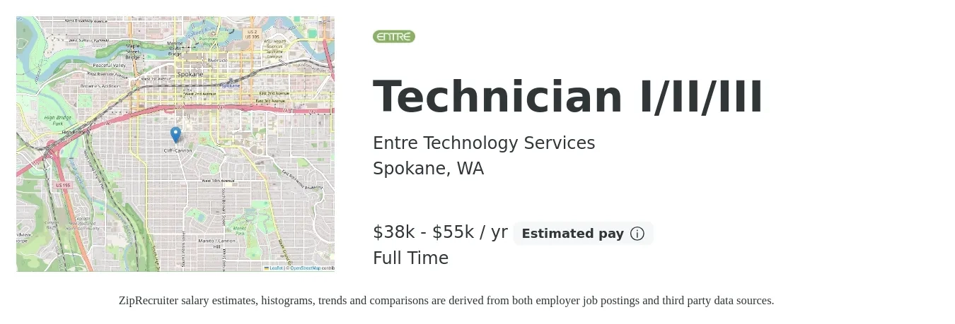 Entre Technology Services job posting for a Technician I/II/III in Spokane, WA with a salary of $38,000 to $55,000 Yearly with a map of Spokane location.