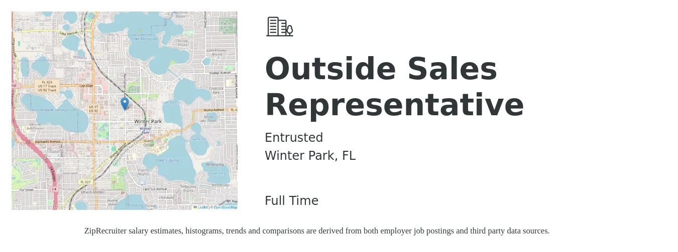 Entrusted job posting for a Outside Sales Representative in Winter Park, FL with a salary of $49,300 to $84,500 Yearly with a map of Winter Park location.