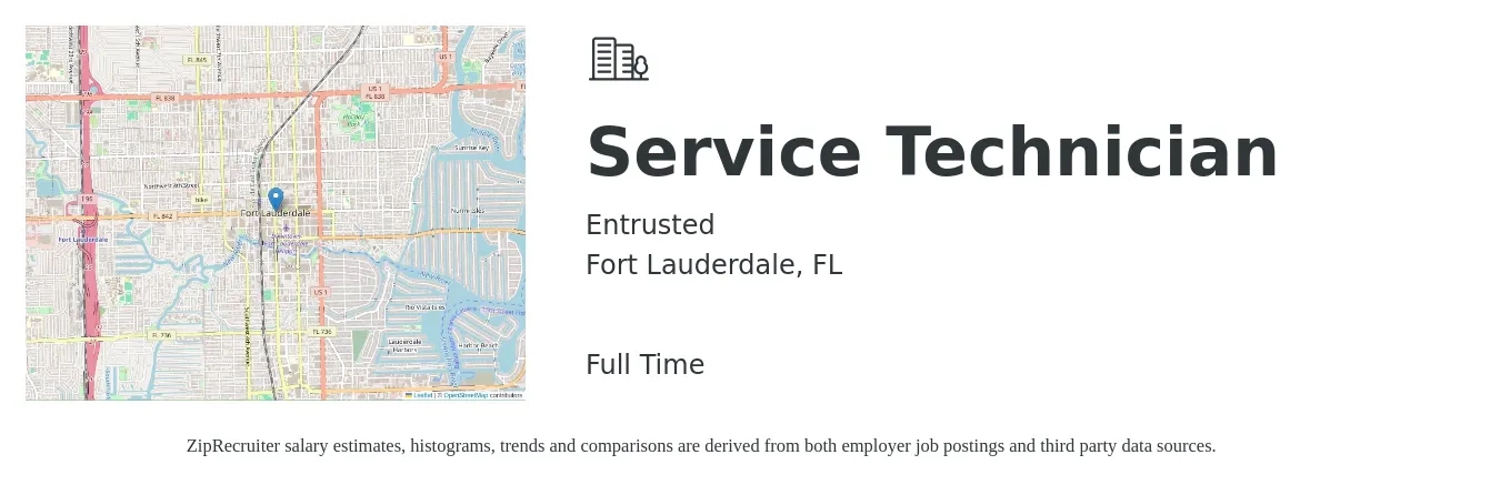 Entrusted job posting for a Service Technician in Fort Lauderdale, FL with a salary of $16 to $20 Hourly with a map of Fort Lauderdale location.