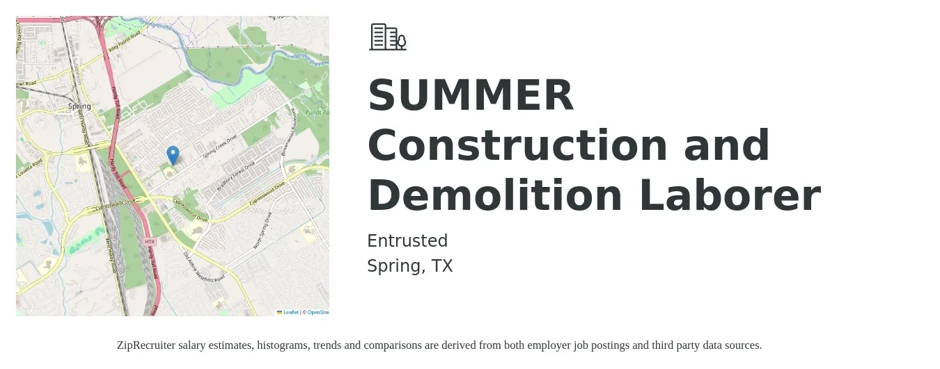 Entrusted job posting for a SUMMER Construction and Demolition Laborer in Spring, TX with a salary of $16 to $20 Hourly with a map of Spring location.