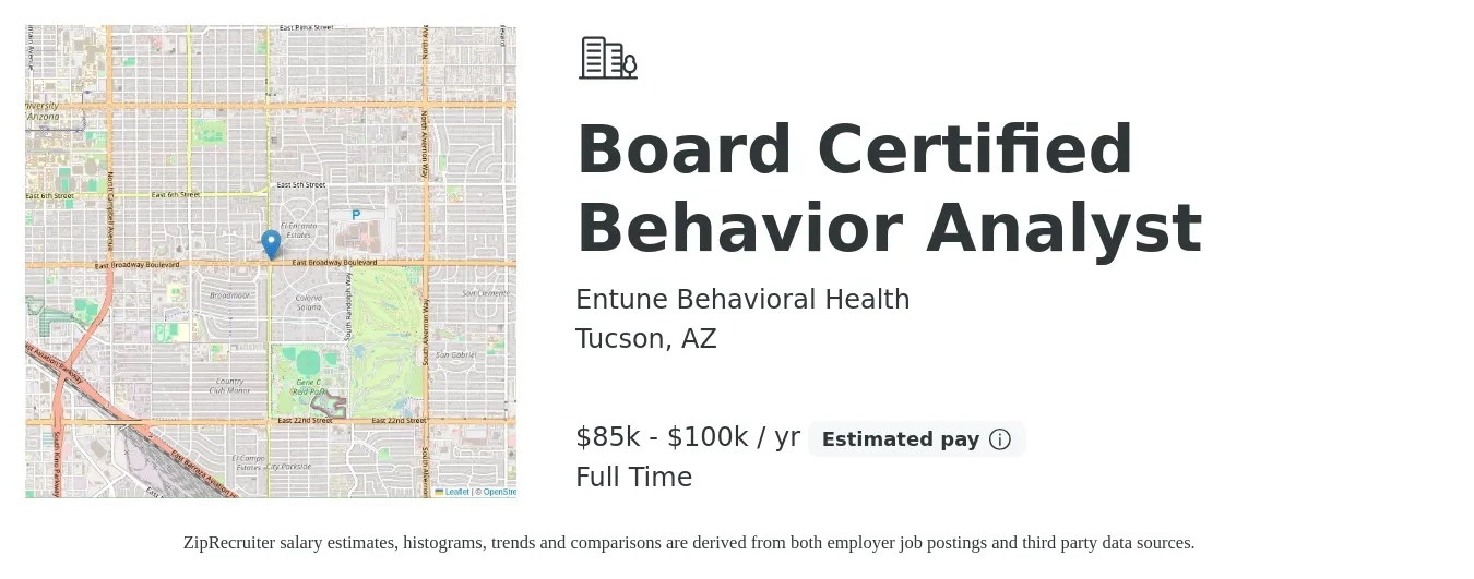 Entune Behavioral Health job posting for a Board Certified Behavior Analyst in Tucson, AZ with a salary of $85,000 to $100,000 Yearly with a map of Tucson location.