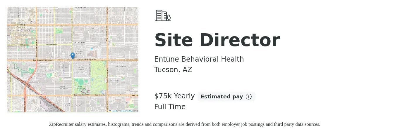 Entune Behavioral Health job posting for a Site Director in Tucson, AZ with a salary of $75,000 Yearly with a map of Tucson location.