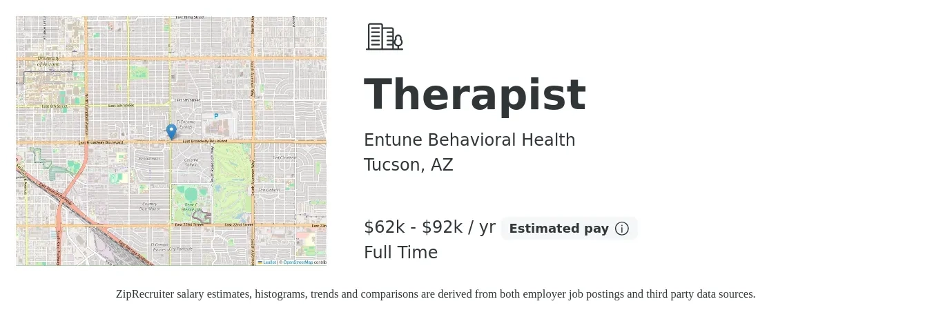 Entune Behavioral Health job posting for a Therapist in Tucson, AZ with a salary of $62,000 to $92,000 Yearly with a map of Tucson location.