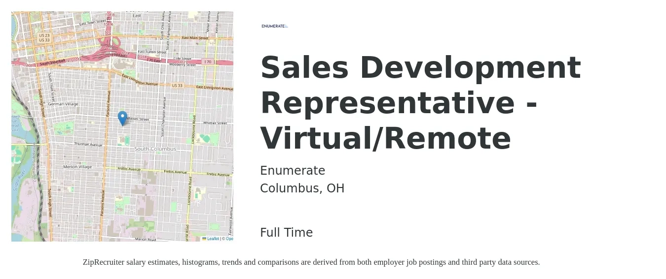 Enumerate job posting for a Sales Development Representative - Virtual/Remote in Columbus, OH with a salary of $40,600 to $58,900 Yearly with a map of Columbus location.