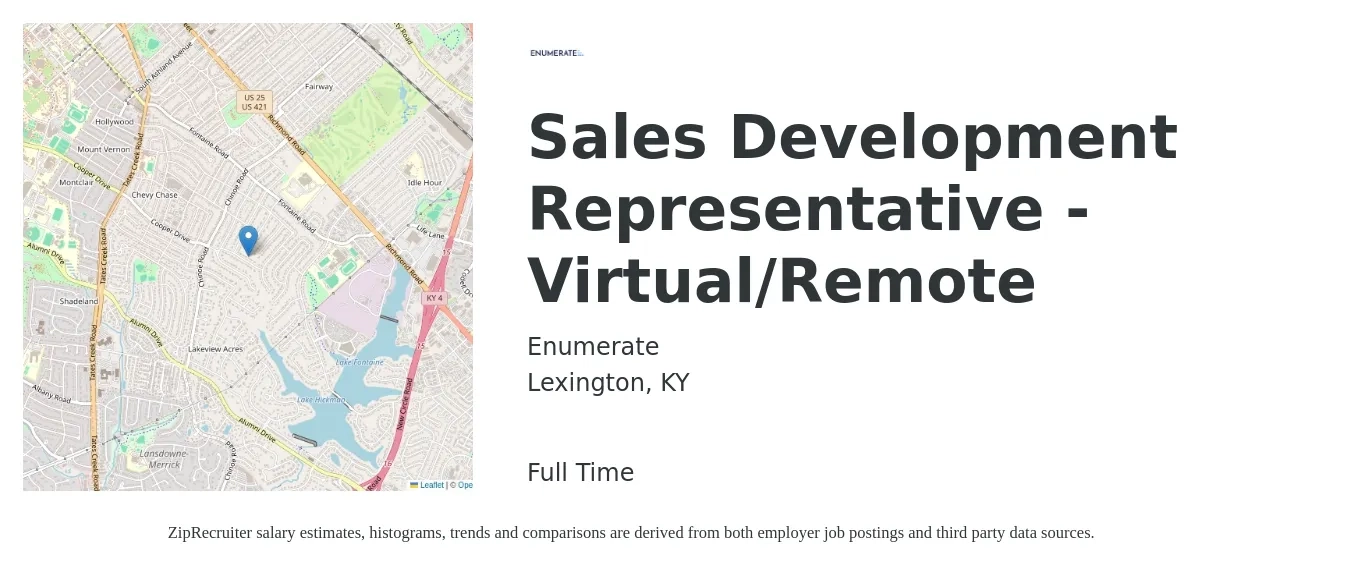 Enumerate job posting for a Sales Development Representative - Virtual/Remote in Lexington, KY with a salary of $41,700 to $60,600 Yearly with a map of Lexington location.