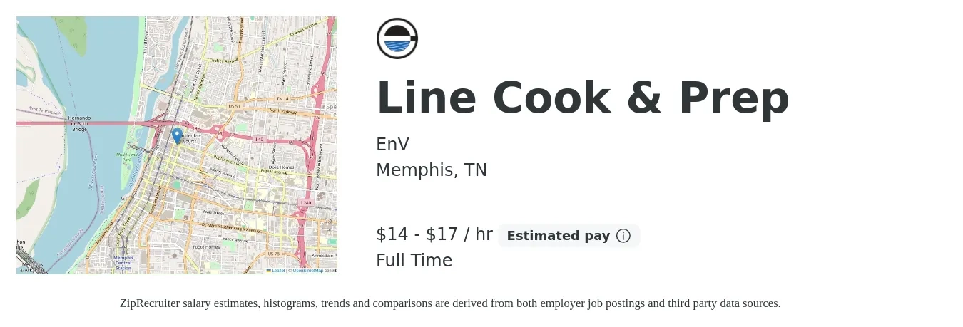 EnV job posting for a Line Cook & Prep in Memphis, TN with a salary of $15 to $18 Hourly with a map of Memphis location.