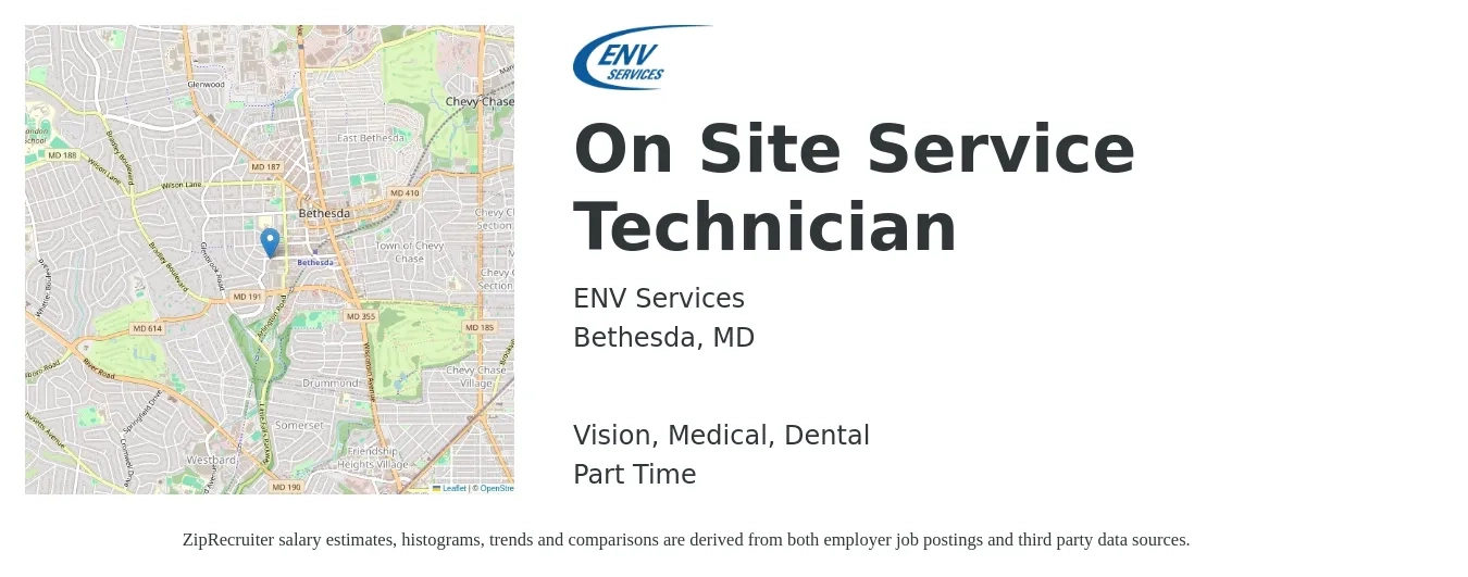 ENV Services job posting for a On Site Service Technician in Bethesda, MD with a salary of $22 to $32 Hourly and benefits including dental, life_insurance, medical, retirement, and vision with a map of Bethesda location.