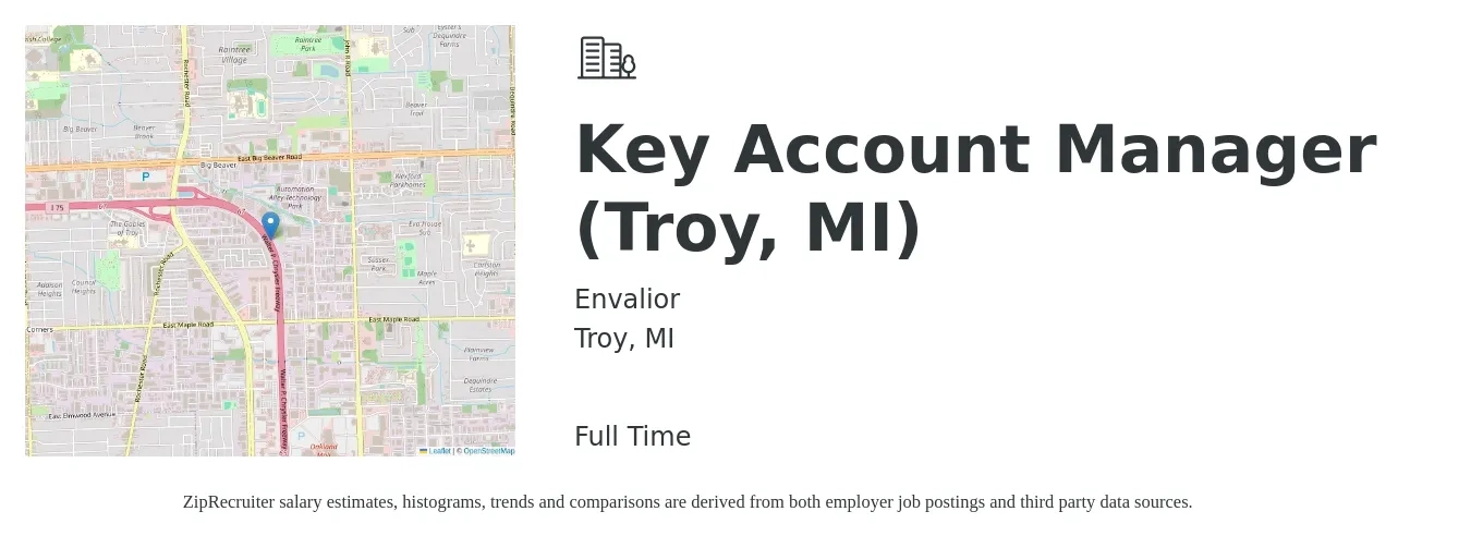 Envalior job posting for a Key Account Manager (Troy, MI) in Troy, MI with a salary of $69,400 to $105,500 Yearly with a map of Troy location.