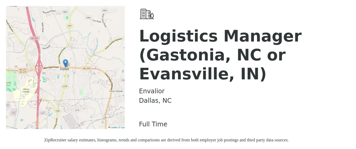 Envalior job posting for a Logistics Manager (Gastonia, NC or Evansville, IN) in Dallas, NC with a salary of $49,200 to $78,900 Yearly with a map of Dallas location.