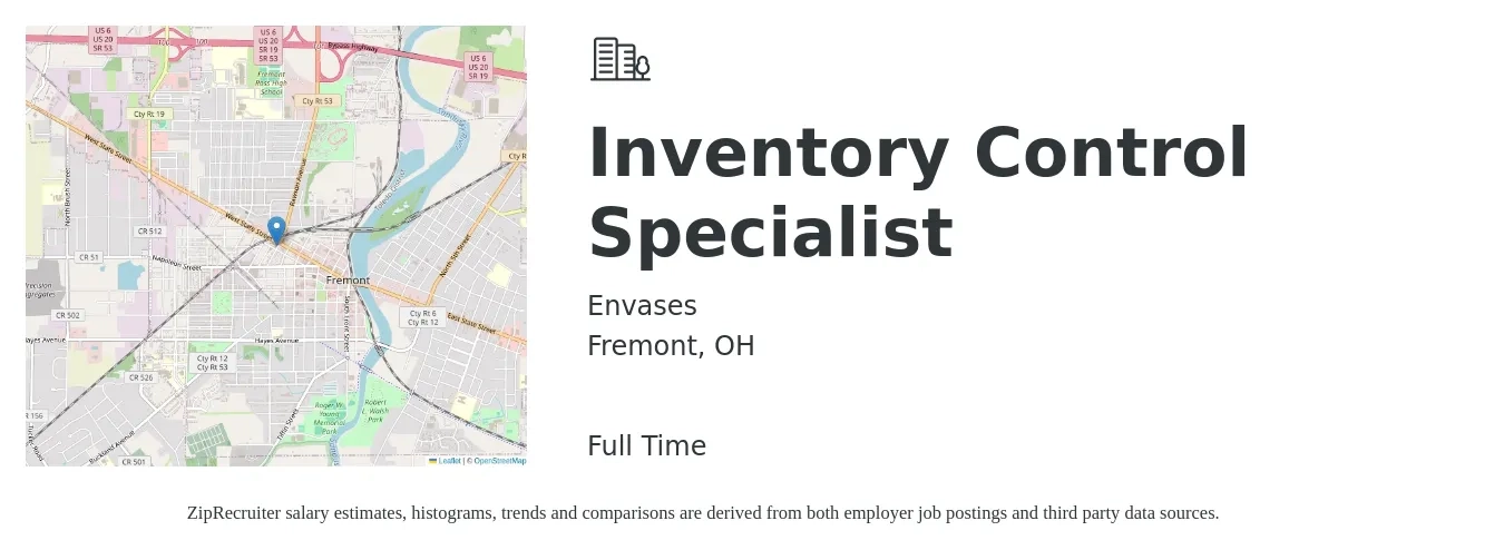 Envases job posting for a Inventory Control Specialist in Fremont, OH with a salary of $55,000 Yearly with a map of Fremont location.