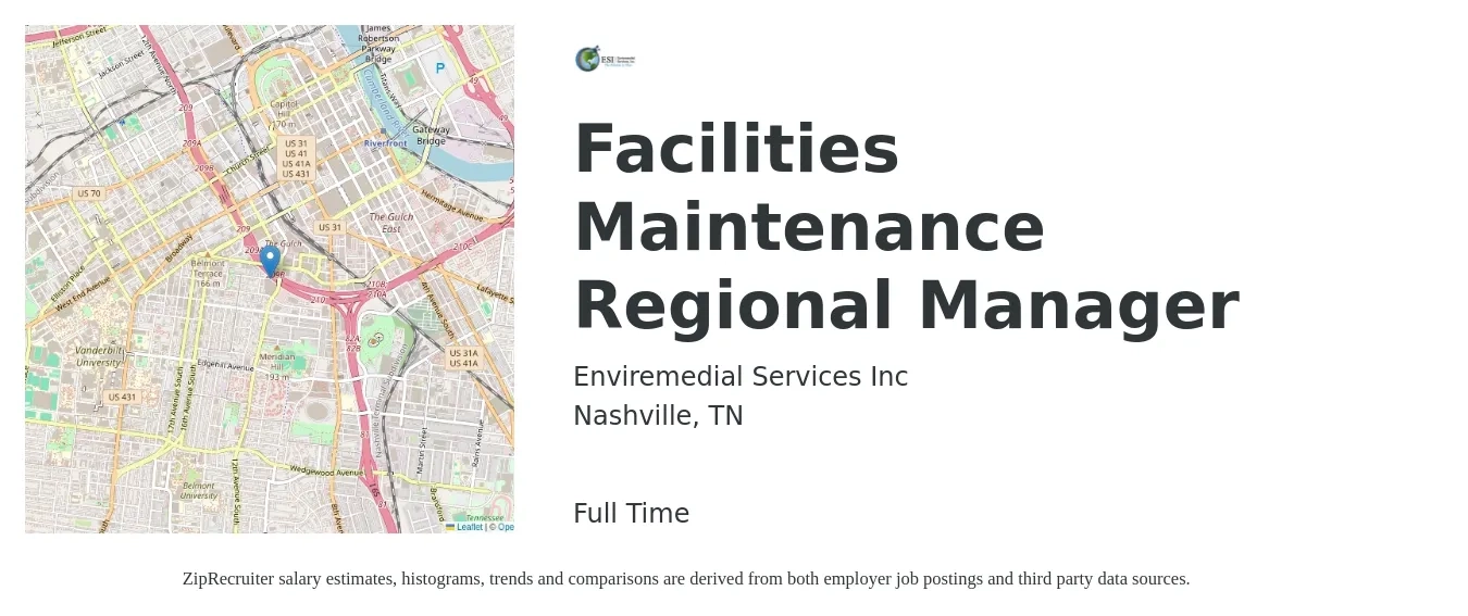 Enviremedial Services Inc job posting for a Facilities Maintenance Regional Manager in Nashville, TN with a salary of $75,000 to $85,000 Yearly with a map of Nashville location.