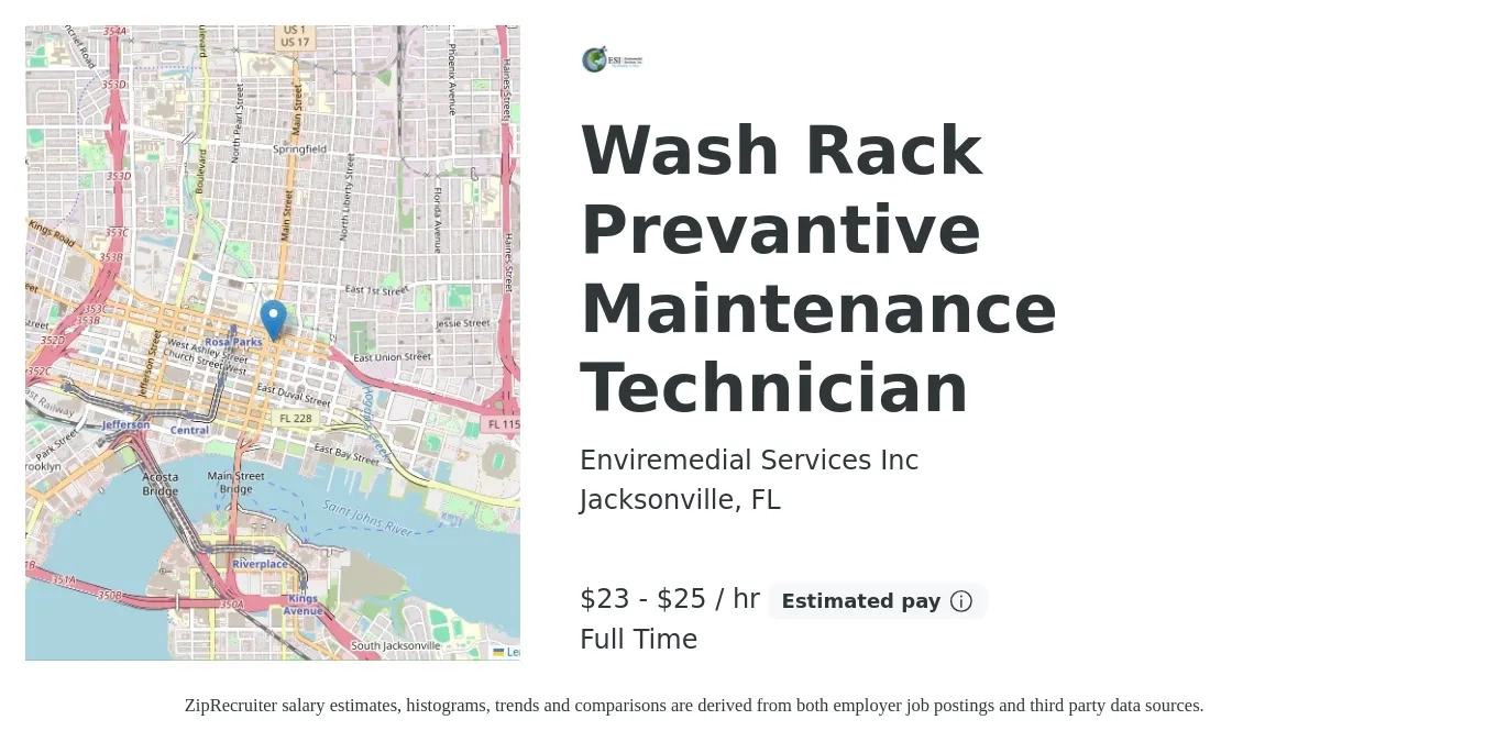Enviremedial Services Inc job posting for a Wash Rack Prevantive Maintenance Technician in Jacksonville, FL with a salary of $24 to $27 Hourly with a map of Jacksonville location.