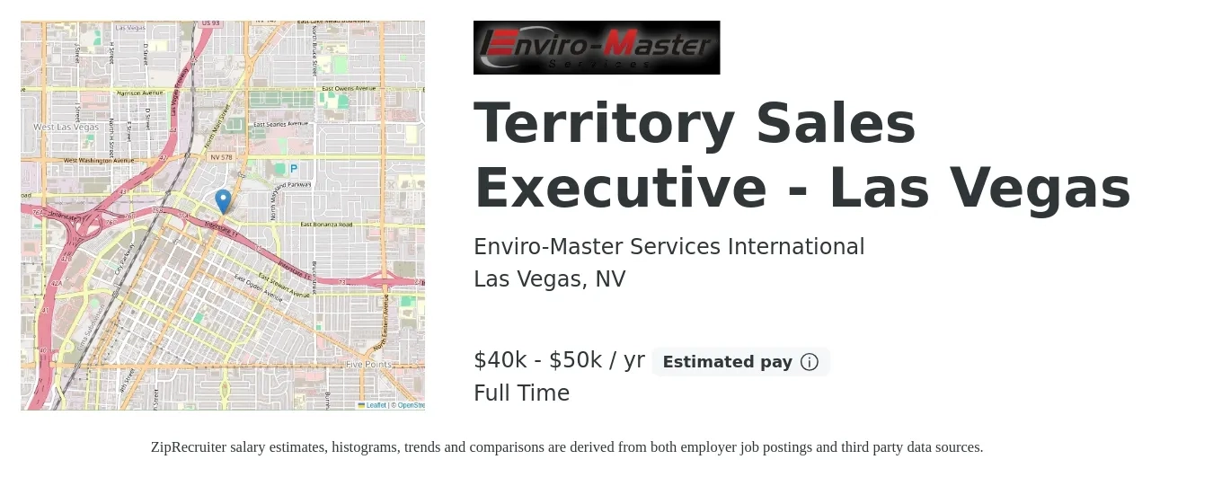 Enviro-Master Services International job posting for a Territory Sales Executive - Las Vegas in Las Vegas, NV with a salary of $40,000 to $50,000 Yearly (plus commission) with a map of Las Vegas location.