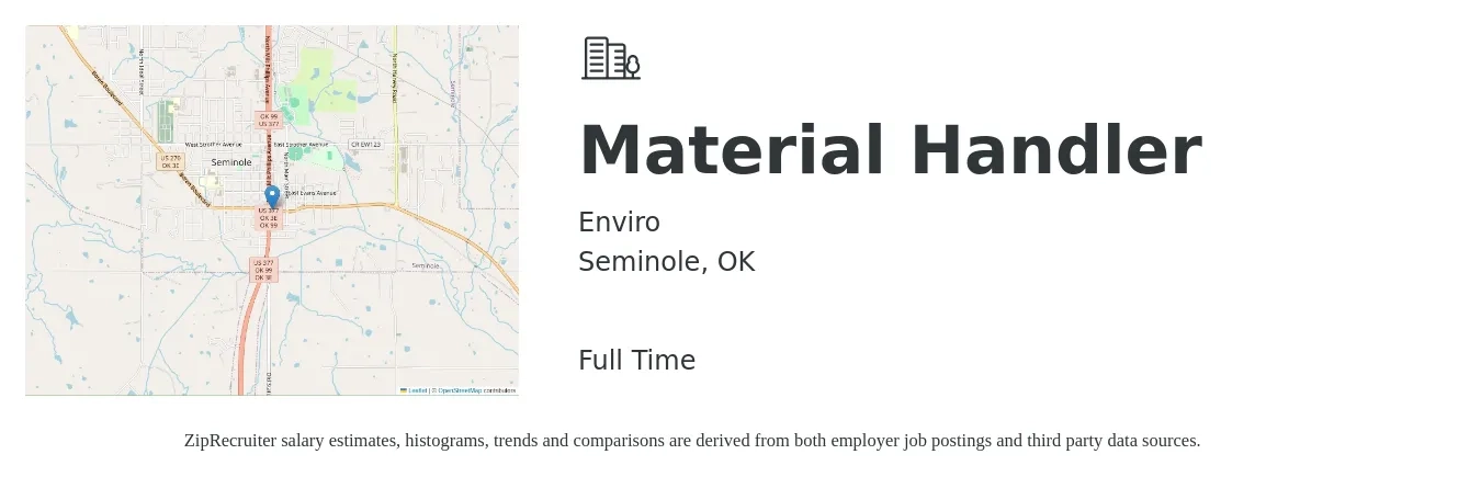 Enviro job posting for a Material Handler in Seminole, OK with a salary of $13 to $15 Hourly with a map of Seminole location.
