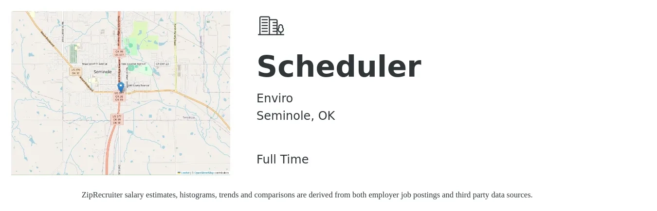 Enviro job posting for a Scheduler in Seminole, OK with a salary of $14 to $18 Hourly with a map of Seminole location.
