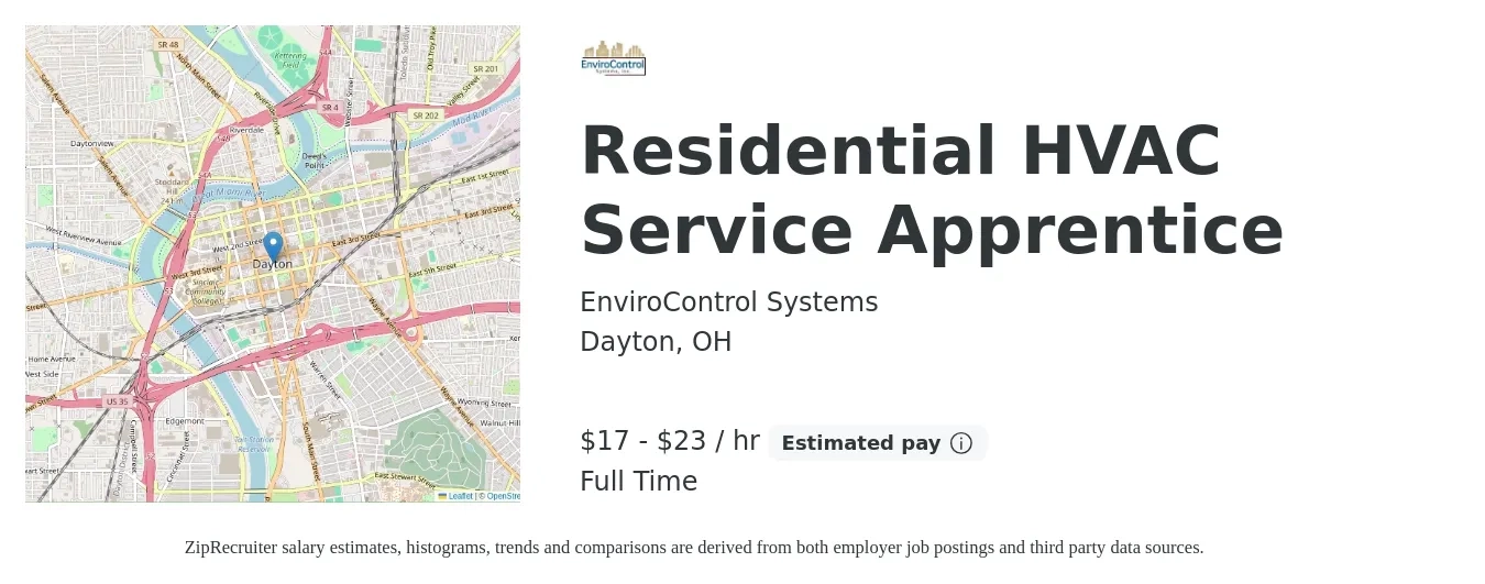EnviroControl Systems job posting for a Residential HVAC Service Apprentice in Dayton, OH with a salary of $18 to $24 Hourly with a map of Dayton location.