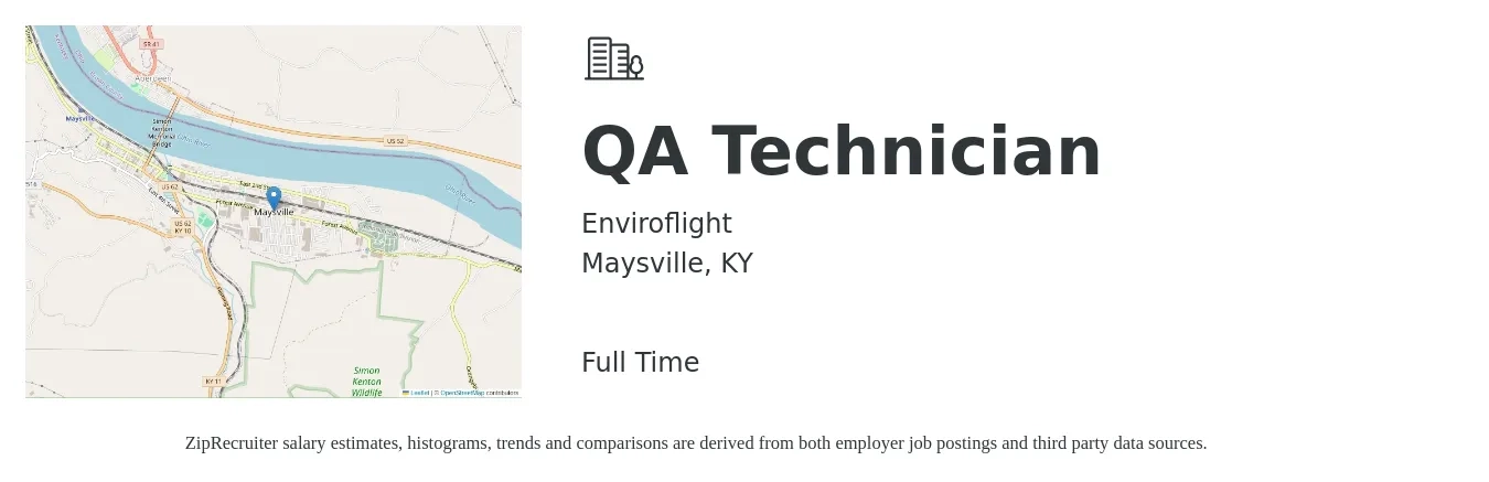 Enviroflight job posting for a QA Technician in Maysville, KY with a salary of $15 to $20 Hourly with a map of Maysville location.