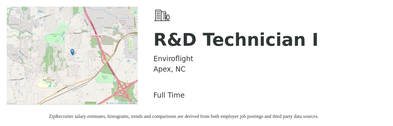 Enviroflight job posting for a R&D Technician I in Apex, NC with a salary of $17 to $24 Hourly with a map of Apex location.