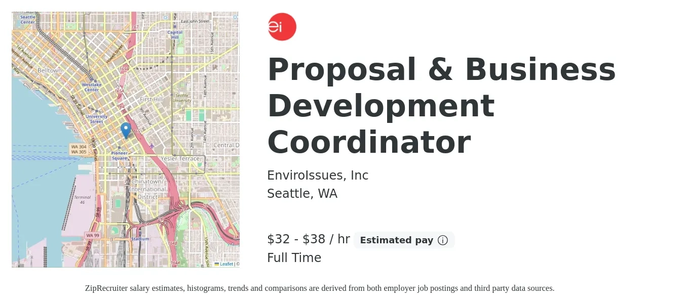 EnviroIssues, Inc job posting for a Proposal & Business Development Coordinator in Seattle, WA with a salary of $34 to $40 Hourly with a map of Seattle location.