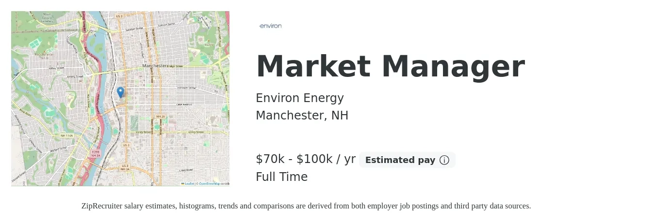 Environ Energy job posting for a Market Manager in Manchester, NH with a salary of $70,000 to $100,000 Yearly with a map of Manchester location.