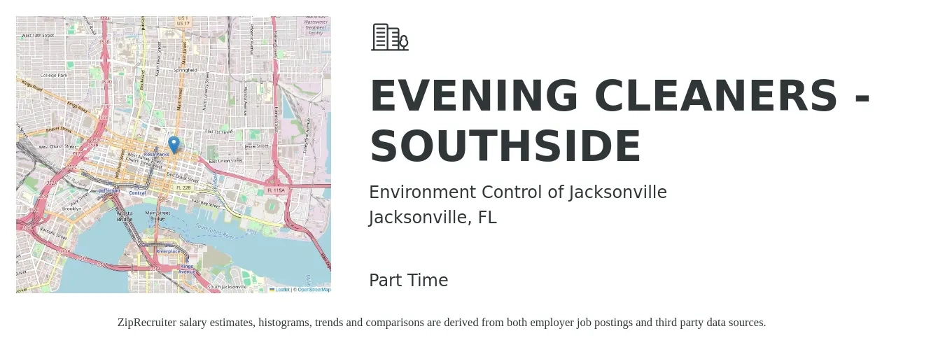 Environment Control of Jacksonville job posting for a EVENING CLEANERS - SOUTHSIDE in Jacksonville, FL with a salary of $13 Hourly with a map of Jacksonville location.