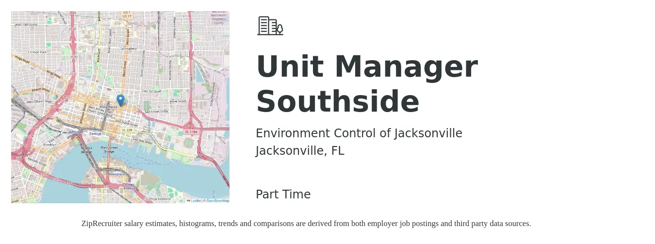 Environment Control of Jacksonville job posting for a Unit Manager Southside in Jacksonville, FL with a salary of $16 to $17 Hourly with a map of Jacksonville location.