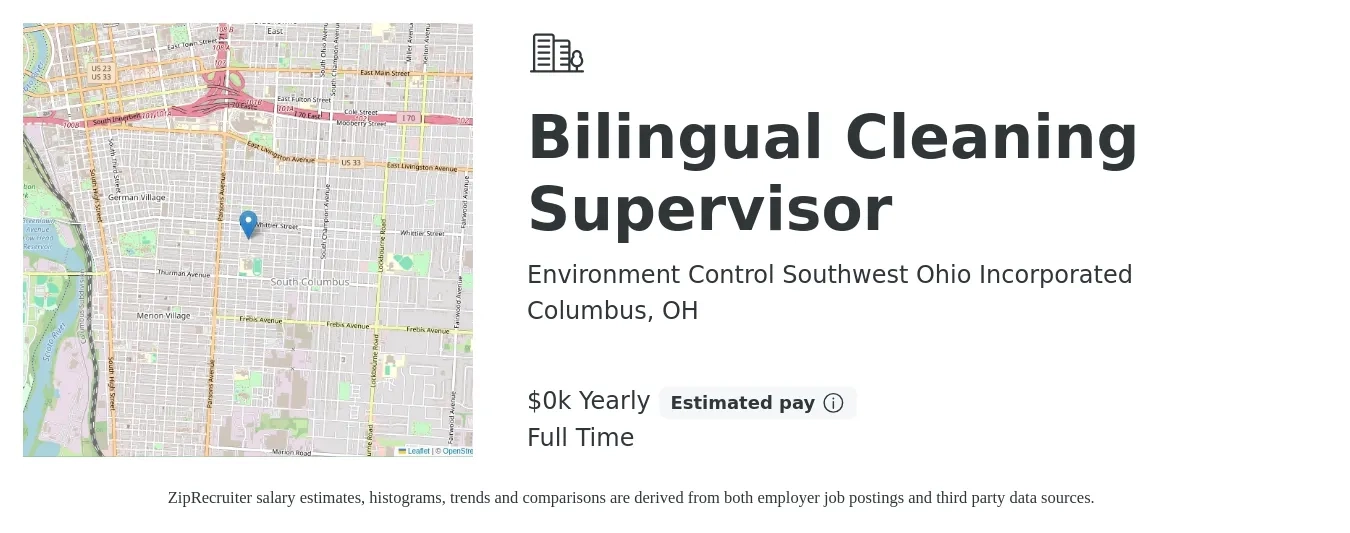 Environment Control Southwest Ohio Incorporated job posting for a Bilingual Cleaning Supervisor in Columbus, OH with a salary of $16 to $17 Hourly with a map of Columbus location.