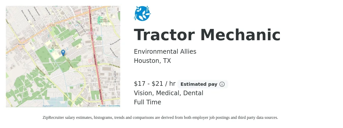 Environmental Allies job posting for a Tractor Mechanic in Houston, TX with a salary of $18 to $22 Hourly and benefits including retirement, vision, dental, life_insurance, and medical with a map of Houston location.