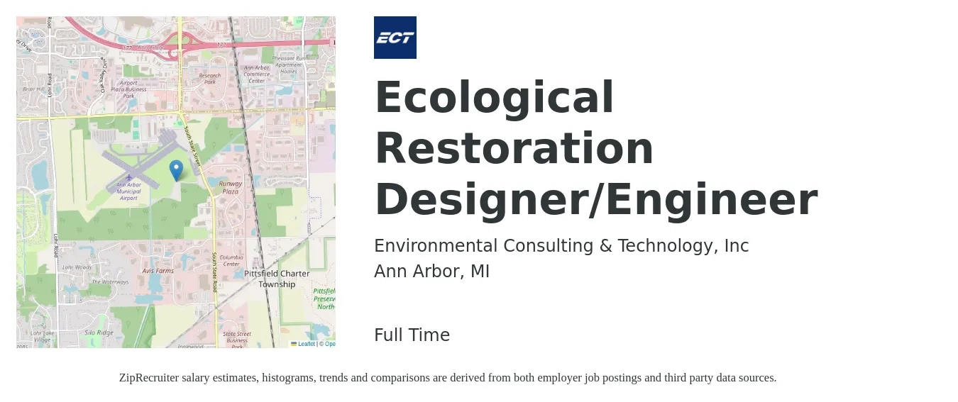 Environmental Consulting & Technology, Inc job posting for a Ecological Restoration Designer/Engineer in Ann Arbor, MI with a salary of $51,900 to $72,400 Yearly with a map of Ann Arbor location.