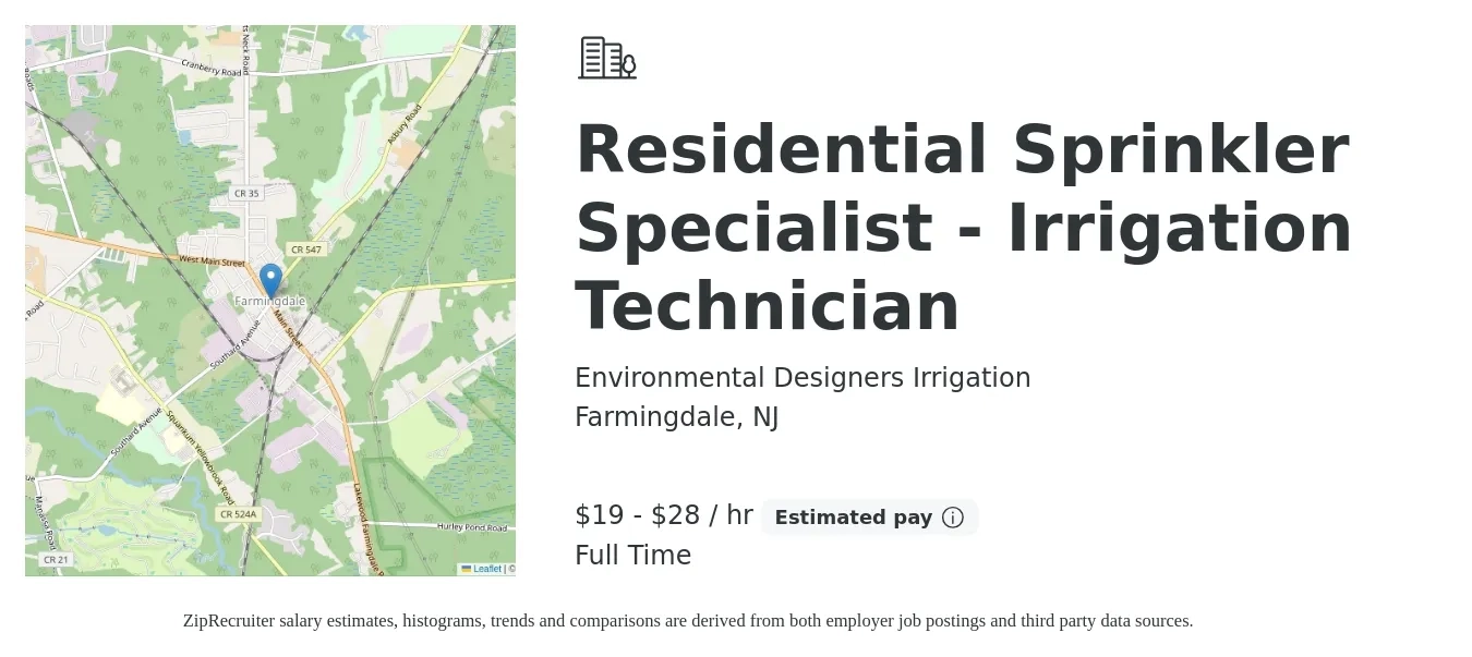 Environmental Designers Irrigation job posting for a Residential Sprinkler Specialist - Irrigation Technician in Farmingdale, NJ with a salary of $20 to $30 Hourly with a map of Farmingdale location.