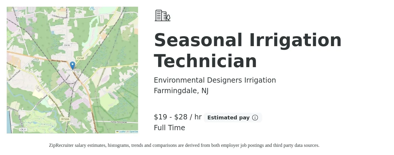 Environmental Designers Irrigation job posting for a Seasonal Irrigation Technician in Farmingdale, NJ with a salary of $20 to $30 Hourly with a map of Farmingdale location.