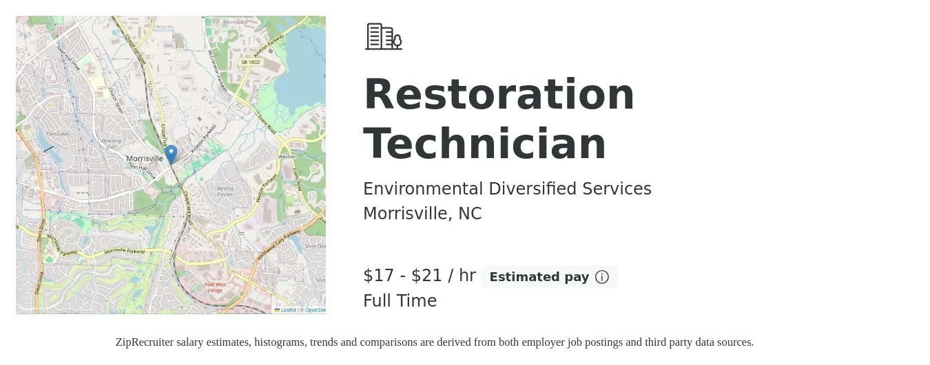 Environmental Diversified Services job posting for a Restoration Technician in Morrisville, NC with a salary of $18 to $22 Hourly with a map of Morrisville location.