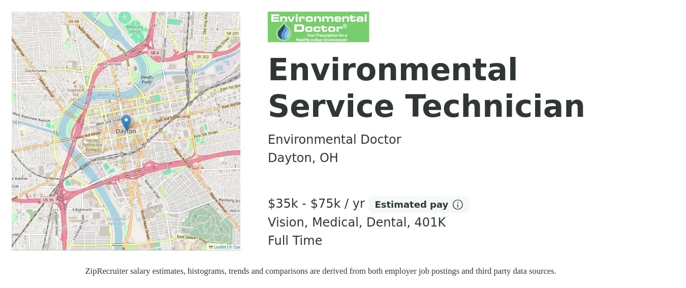 Environmental Doctor job posting for a Environmental Service Technician in Dayton, OH with a salary of $35,000 to $75,000 Yearly and benefits including dental, medical, vision, and 401k with a map of Dayton location.