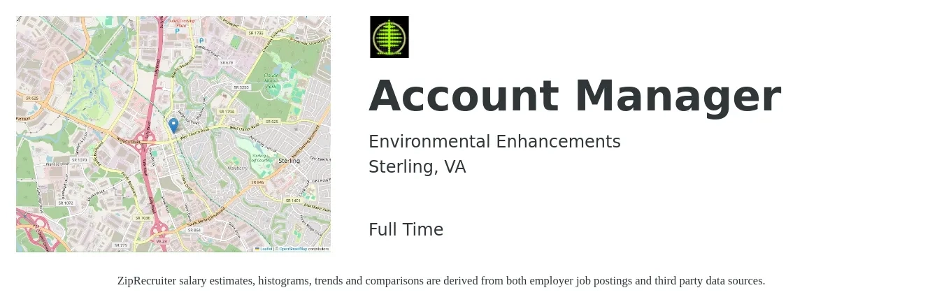 Environmental Enhancements job posting for a Account Manager in Sterling, VA with a salary of $48,500 to $79,300 Yearly with a map of Sterling location.