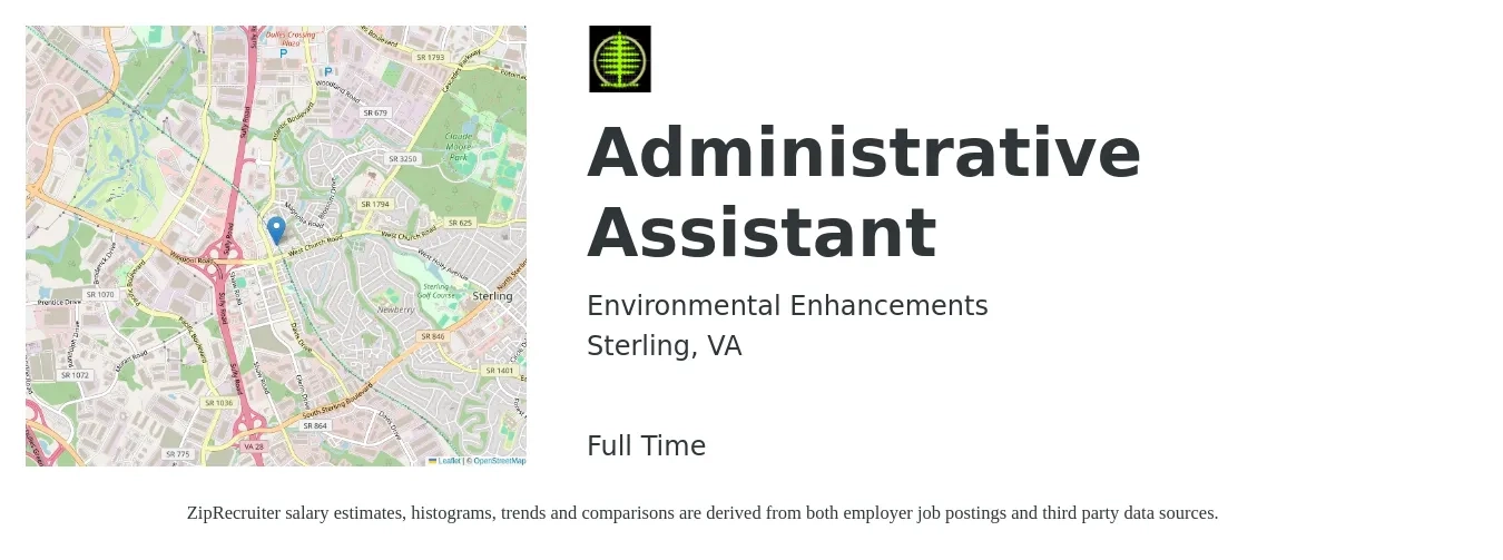 Environmental Enhancements job posting for a Administrative Assistant in Sterling, VA with a salary of $18 to $20 Hourly with a map of Sterling location.