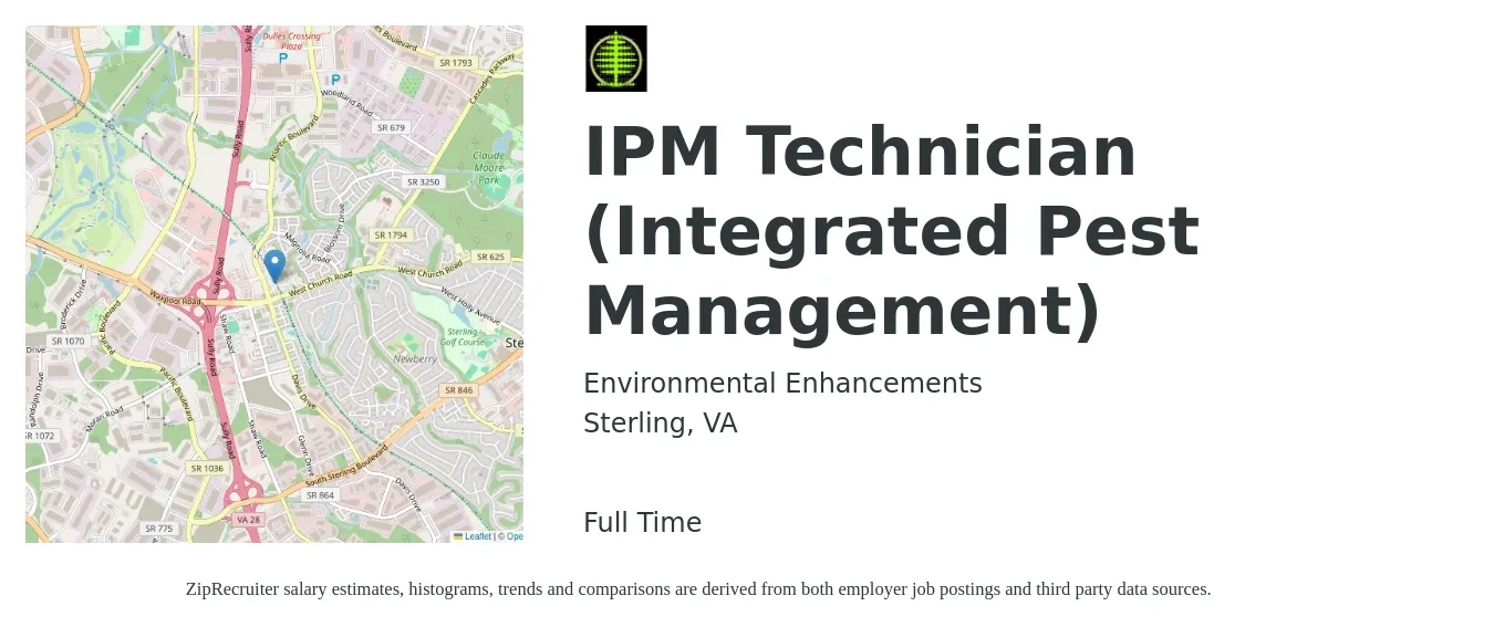 Environmental Enhancements job posting for a IPM Technician (Integrated Pest Management) in Sterling, VA with a salary of $19 to $24 Hourly with a map of Sterling location.