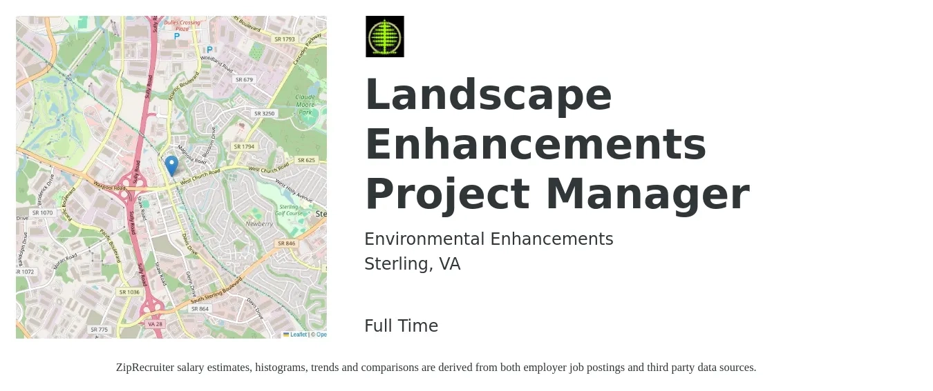 Environmental Enhancements job posting for a Landscape Enhancements Project Manager in Sterling, VA with a salary of $20 to $28 Hourly with a map of Sterling location.
