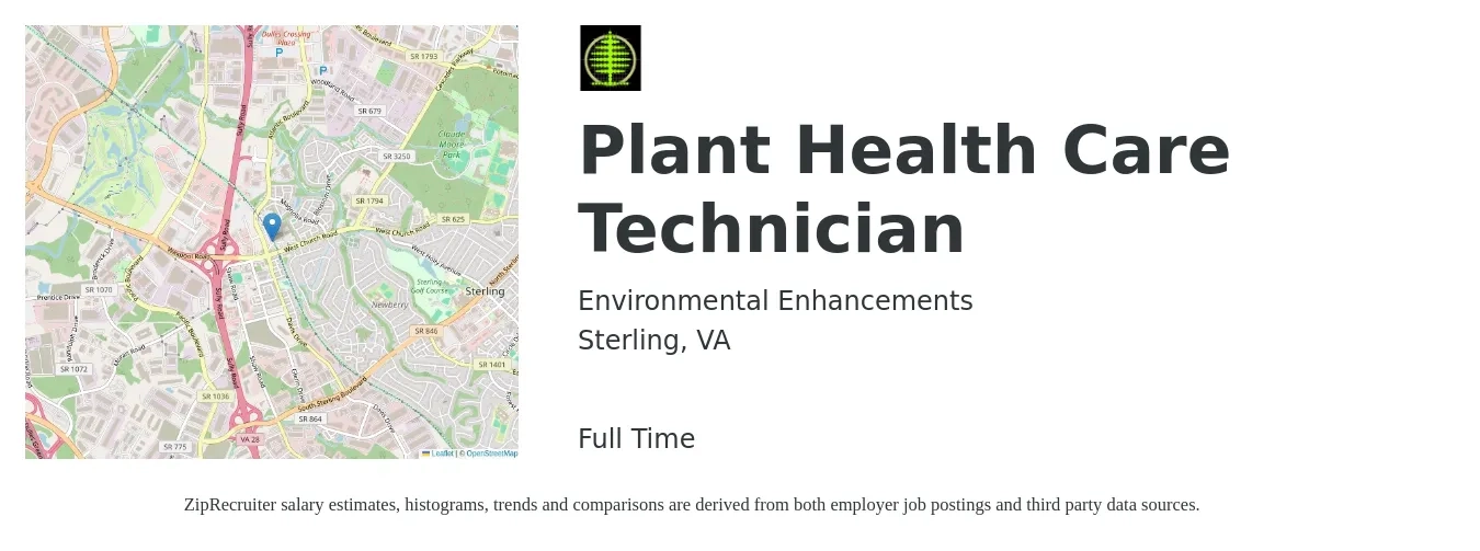 Environmental Enhancements job posting for a Plant Health Care Technician in Sterling, VA with a salary of $20 to $24 Hourly with a map of Sterling location.