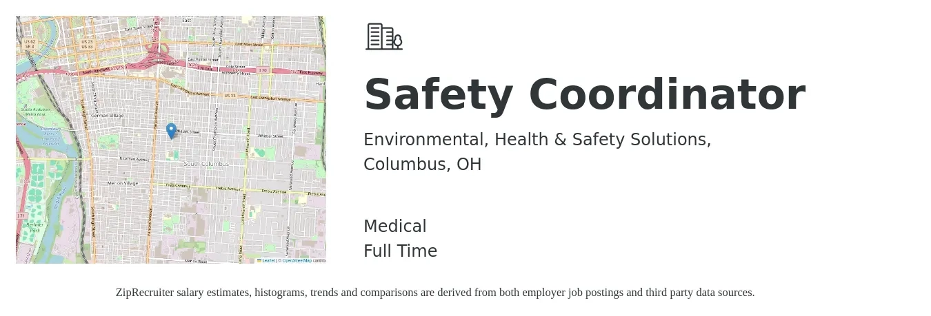Environmental, Health & Safety Solutions, job posting for a Safety Coordinator in Columbus, OH with a salary of $23 to $36 Hourly and benefits including medical with a map of Columbus location.