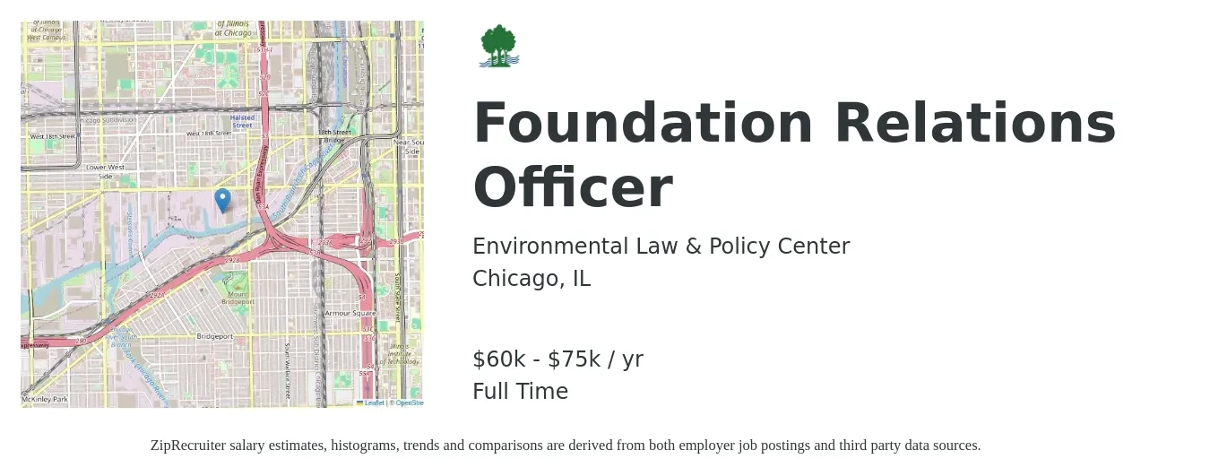 Environmental Law & Policy Center job posting for a Foundation Relations Officer in Chicago, IL with a salary of $60,000 to $75,000 Yearly with a map of Chicago location.