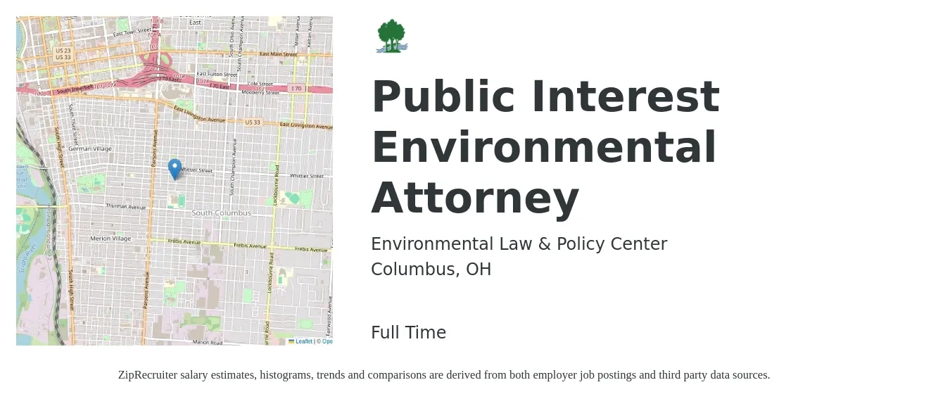 Environmental Law & Policy Center job posting for a Public Interest Environmental Attorney in Columbus, OH with a salary of $93,000 to $105,700 Yearly with a map of Columbus location.