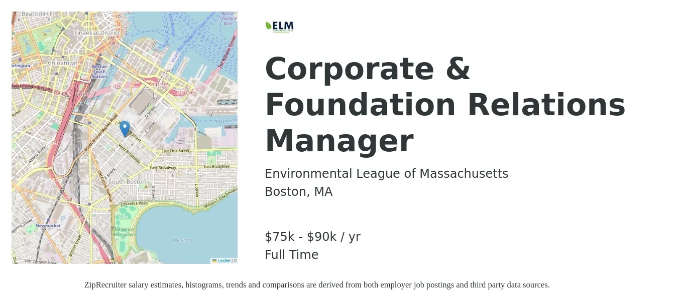 Environmental League of Massachusetts job posting for a Corporate & Foundation Relations Manager in Boston, MA with a salary of $75,000 to $90,000 Yearly with a map of Boston location.
