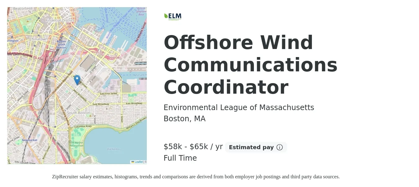 Environmental League of Massachusetts job posting for a Offshore Wind Communications Coordinator in Boston, MA with a salary of $58,000 to $65,000 Yearly with a map of Boston location.