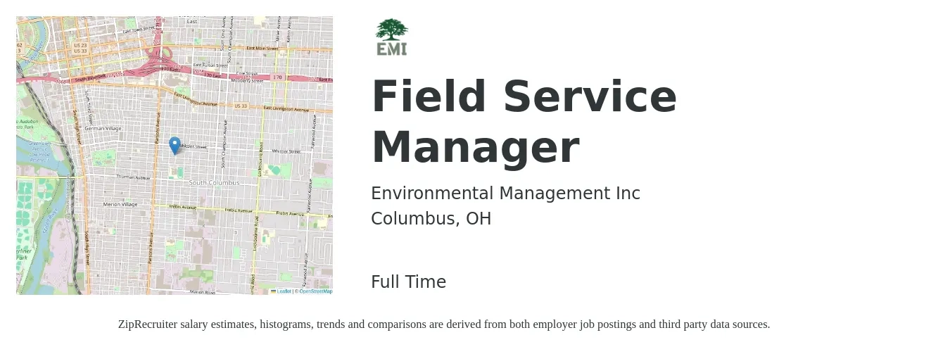 Environmental Management Inc job posting for a Field Service Manager in Columbus, OH with a salary of $52,800 to $75,300 Yearly with a map of Columbus location.