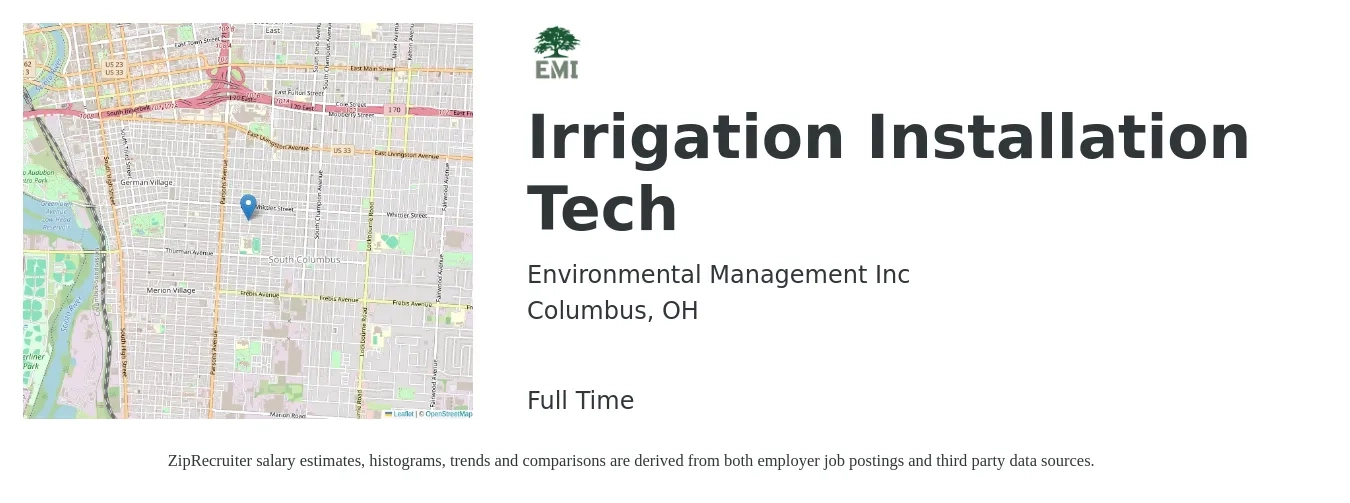 Environmental Management Inc job posting for a Irrigation Installation Tech in Columbus, OH with a salary of $18 to $23 Hourly with a map of Columbus location.