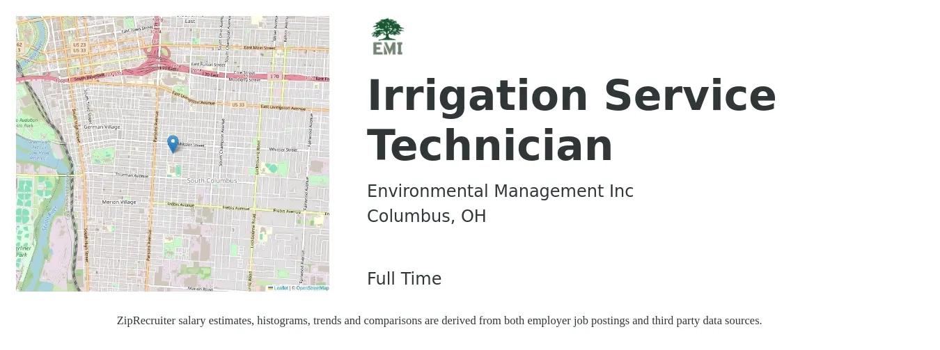 Environmental Management Inc job posting for a Irrigation Service Technician in Columbus, OH with a salary of $18 to $24 Hourly with a map of Columbus location.