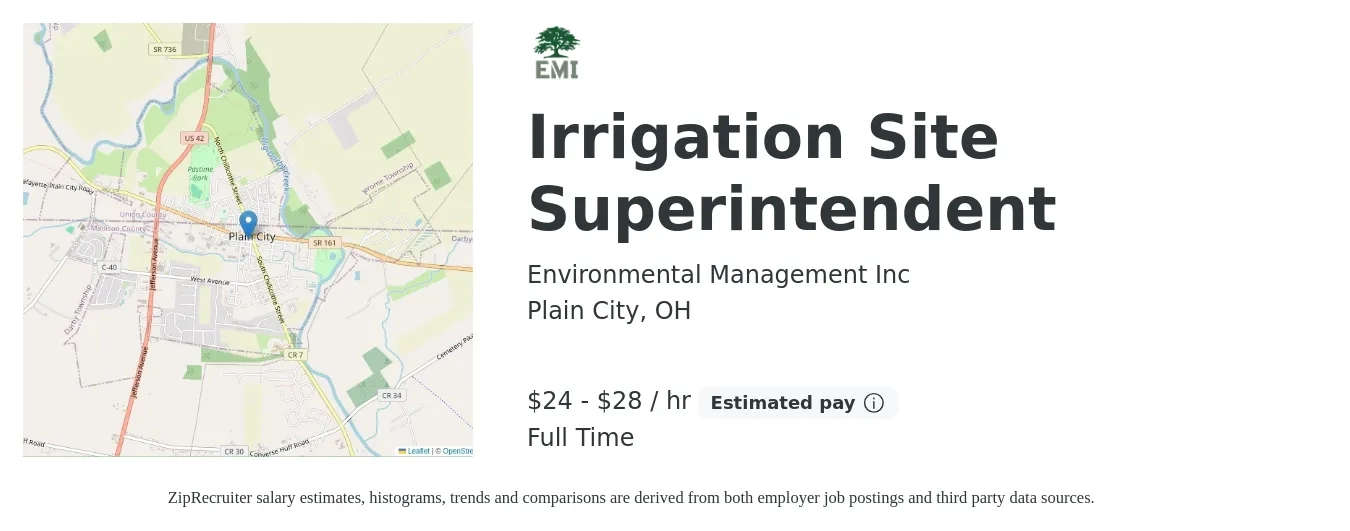 Environmental Management Inc job posting for a Irrigation Site Superintendent in Plain City, OH with a salary of $25 to $30 Hourly with a map of Plain City location.