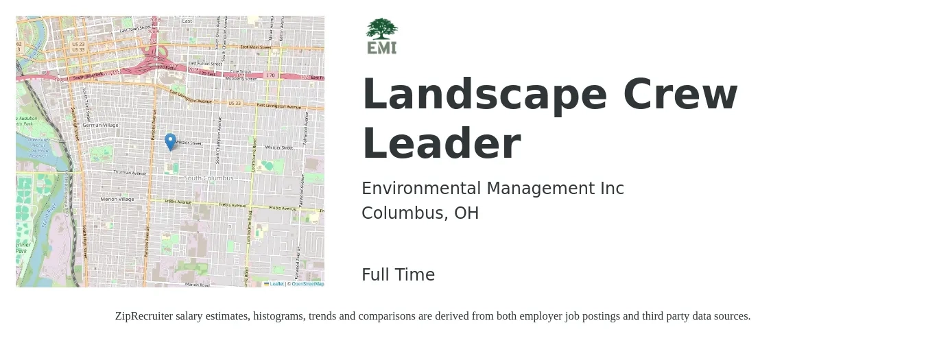 Environmental Management Inc job posting for a Landscape Crew Leader in Columbus, OH with a salary of $16 to $21 Hourly with a map of Columbus location.