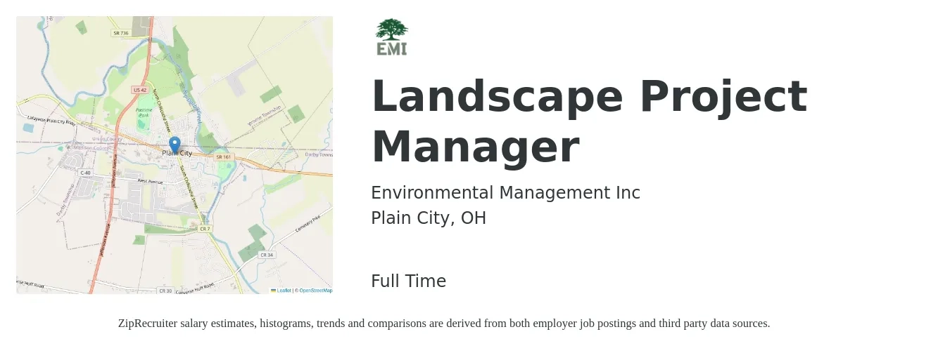 Environmental Management Inc job posting for a Landscape Project Manager in Plain City, OH with a salary of $77,500 to $121,500 Yearly with a map of Plain City location.