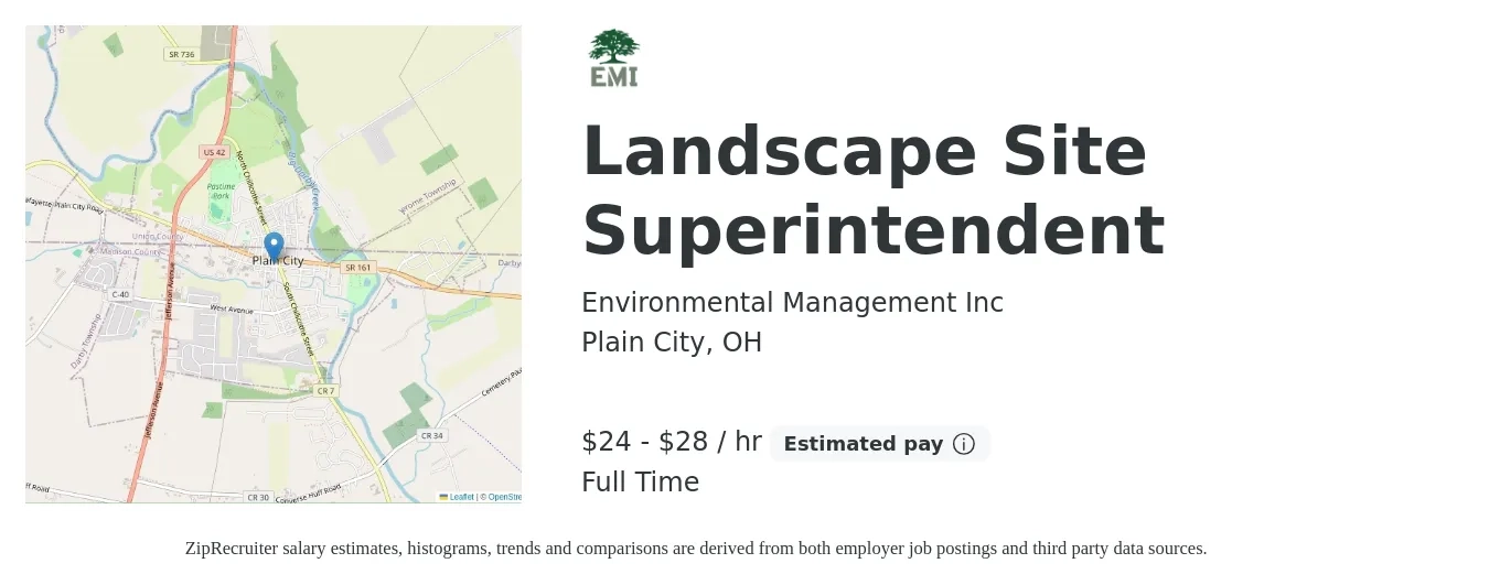Environmental Management Inc job posting for a Landscape Site Superintendent in Plain City, OH with a salary of $25 to $30 Hourly with a map of Plain City location.